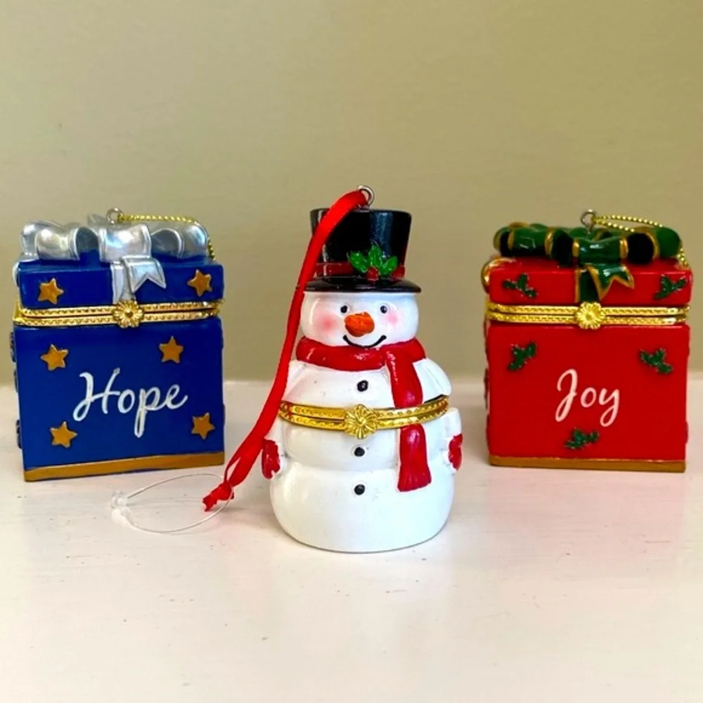 Christmas Ornaments Snowman Luxury Trinket Box Set Collectible Gold Jewel Tones